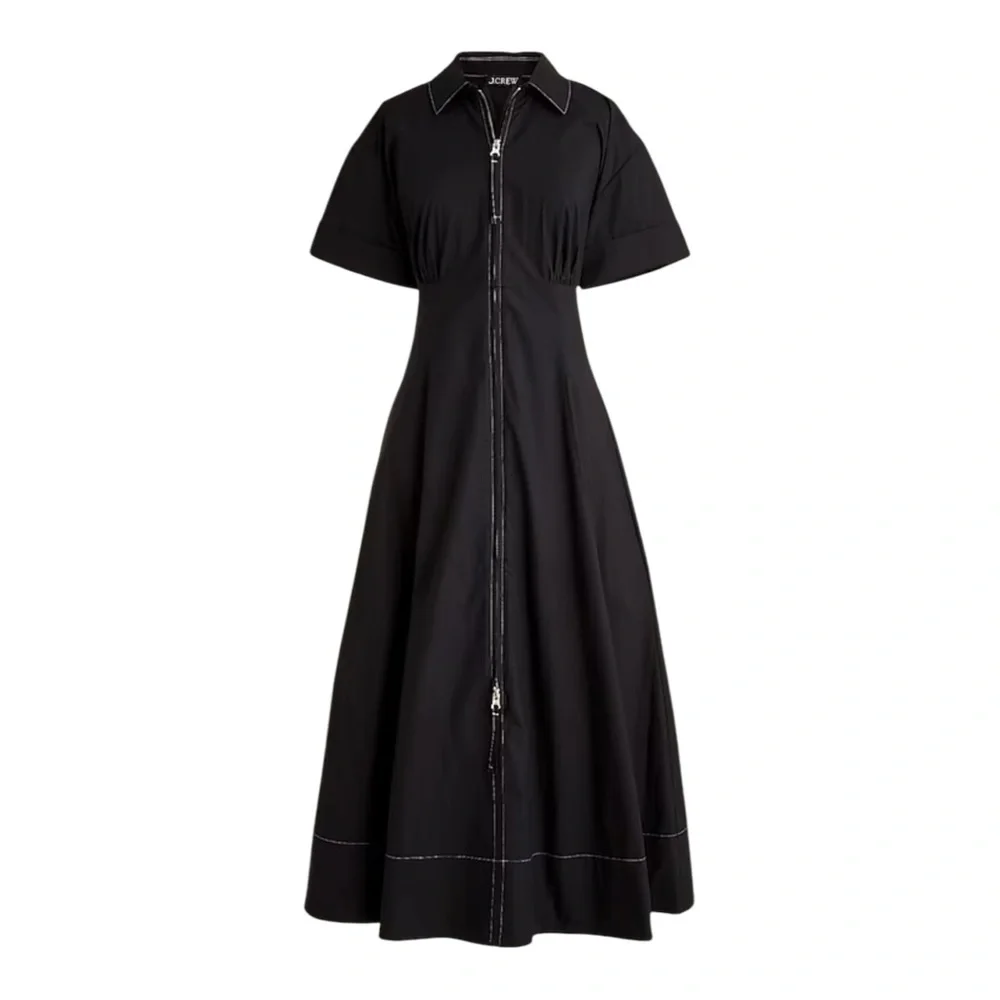 J Crew Black Zip Up Shirt Dress Short Sleeve Midi Women Sz 14 Fit Flare Pockets - Picture 4 of 13